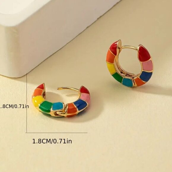 Rainbow Multi-color Enamel Huggie Earrings Medium Hoop #1343 - Picture 5 of 7